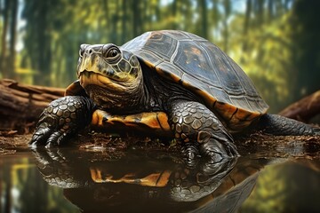 Fototapeta premium a turtle sitting on top of a puddle of water Generative AI