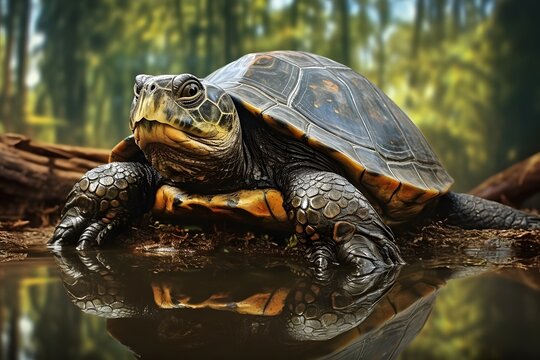 a turtle sitting on top of a puddle of water Generative AI