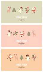 Fototapeta na wymiar Cute Winter Holidays Vector Cards with Snowman, Santa Claus, Dinosaur, Christmas Tree and Deer isolated on a Pastel Pink, Coral and Dusty Green Background. Simple Christmas Cards. Holly Jolly. Rgb.