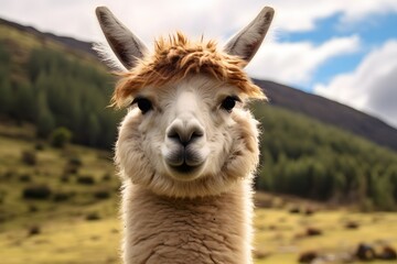 a close up of a llama with a mountain in the background Generative AI