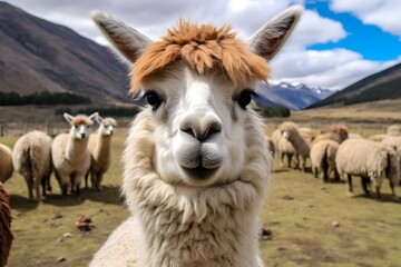 Fototapeta premium a close up of a llama with a herd of sheep in the background Generative AI
