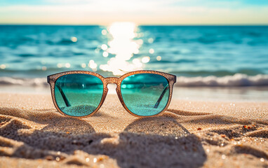 Fototapeta na wymiar Sunglasses and tranquility on a sandy beach with turquoise water