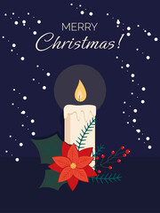 Christmas card. Greeting card template. Vector design of a candle with a Christmas flower. Merry Christmas! Winter illustration.