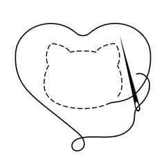 Silhouette of heart and cat head with interrupted contour. Vector illustration of handmade work with embroidery thread and sewing needle on white background	