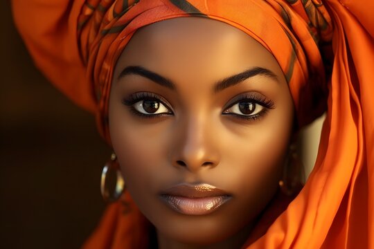 a close up of a woman wearing an orange turban Generative AI
