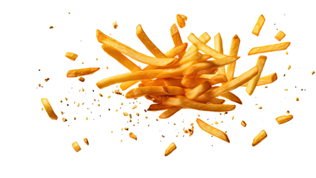 French fries levitate isolated on transparent background, PNG file