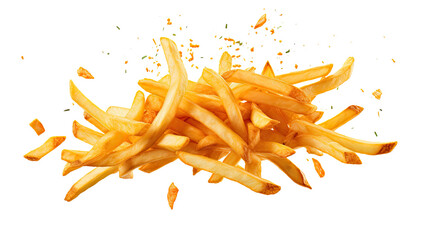 French fries levitate isolated on transparent background, PNG file - obrazy, fototapety, plakaty