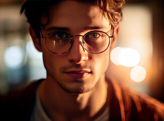 A young man looks through glasses.