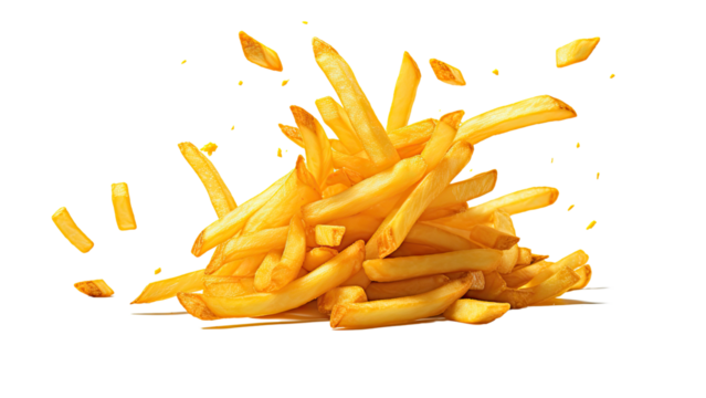 French fries levitate isolated on transparent background, PNG file