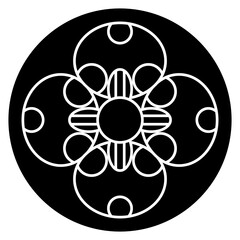 Gothic medieval geometrical ornament. Four petal cross shape flower in a circle. Black and white silhouette.