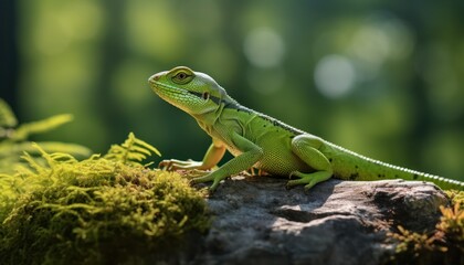 Fototapeta premium An European Green Lizard Basking on a Sunlit Rock