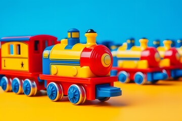a close up of a toy train on a yellow surface Generative AI