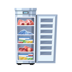 Ajar Refrigerator Consist Of A Compartment With Shelves And A Freezer Section, Reveals An Array Of Foods