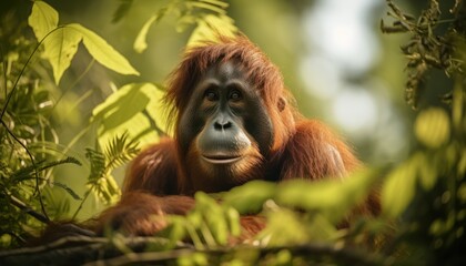 A Curious Orangutan Monkey Peeking Through the Leaves of a Majestic Tree
