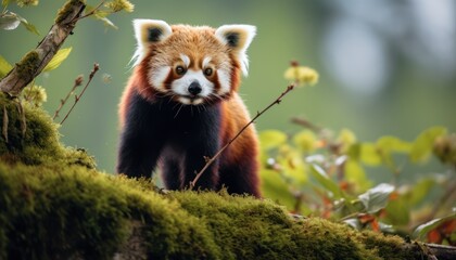 Fototapeta premium A Majestic Red Panda Surveying the Serene, Verdant Canopy