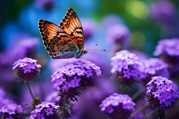 a butterfly sitting on top of purple flowers Generative AI