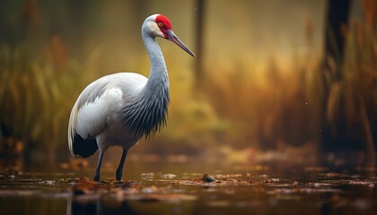 A Majestic Sarus Crane With a Vibrant Red Head Gazes Serenely at Its Reflection in the Water