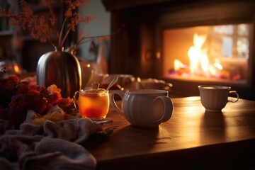 Two cups of tea sit on a table in front of a cozy fireplace. Perfect for illustrating a warm and inviting atmosphere, ideal for home decor or lifestyle blogs.