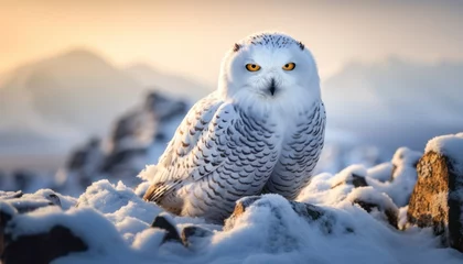 Schilderijen op glas Snowy Majesty: A Majestic Snowy Owl Perched on a Glistening Snowy Mound © Anna