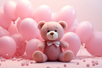 a teddy bear sitting in front of a bunch of pink balloons Generative AI