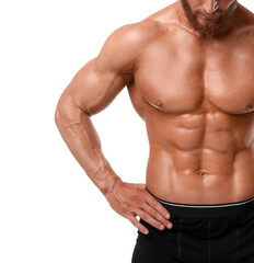 Fototapeta na wymiar Young bodybuilder with muscular body on white background, closeup