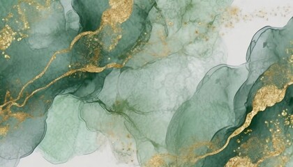 Luxurious Green Watercolor Background with Golden Veins
