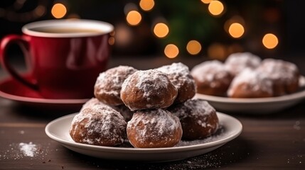 Fototapeta na wymiar a plate of powdered sugar donuts next to a cup of coffee and a plate of powdered sugar donuts on a table with a christmas tree in the background.