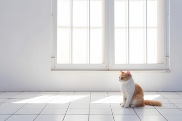 an orange and white cat sitting in front of a window Generative AI