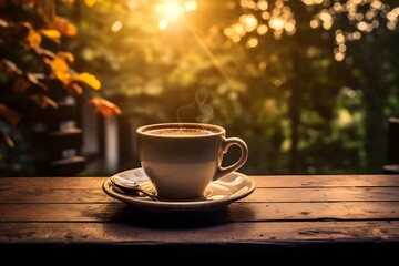 Obraz premium a cup of coffee sitting on top of a wooden table Generative AI