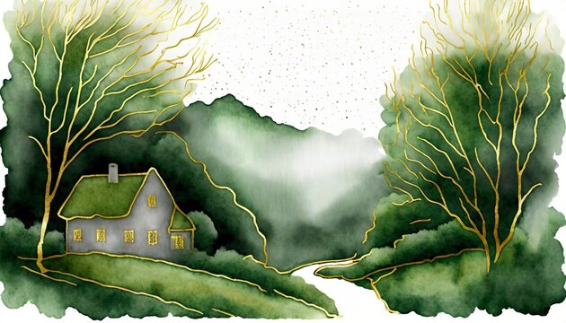Watercolor background hand drawn paint. old village house painting spring.