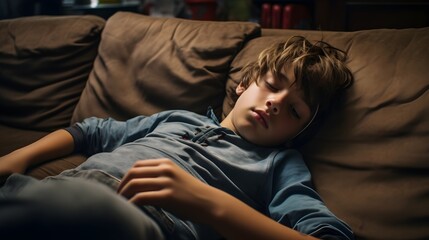 a young boy laying on top of a brown couch Generative AI