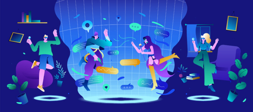 People in VR glasses communicate in metaverse. Characters floating in futuristic space with neon light. Future innovations, augmented and virtual reality communication flat vector illustration.
