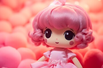 a close up of a doll wearing a pink dress Generative AI