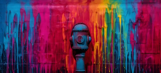 a fire hydrant in front of a colorful wall Generative AI - obrazy, fototapety, plakaty