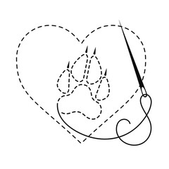 Silhouette of wolf paw and heart with interrupted contour. Vector illustration of handmade work with embroidery thread and sewing needle on white background.	