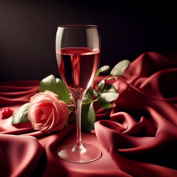 Glass of champagne and red rose on black background. Generative AI.