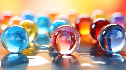  a group of colorful glass vases sitting on top of a white table next to a yellow and red wall and a red and blue vase with a white flower in the middle.
