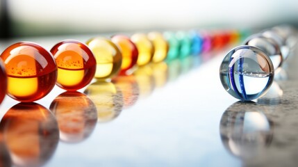  a row of multicolored glass balls sitting on top of a white counter next to a black counter top with a reflection of the glass in the middle of the row.