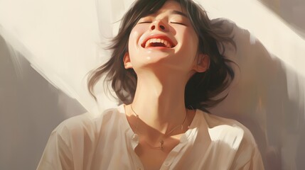Fototapeta premium a woman is laughing with her eyes closed Generative AI