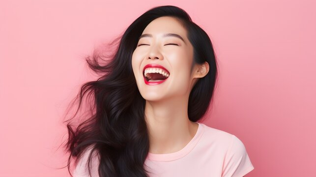 a woman with long black hair is laughing Generative AI