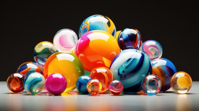  a pile of multicolored marbles sitting on top of a white table next to a black wall with a reflection of the marbles on it's surface.