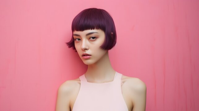 a woman standing in front of a pink wall Generative AI