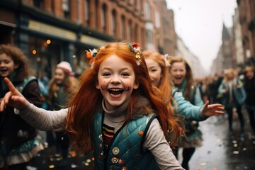 Cheerful ginger girl wearing green clothes participating in Saint Patrick's Day parade in Irish...