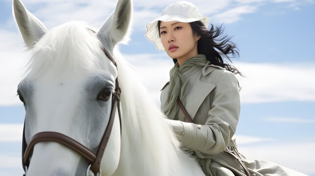 a woman riding on the back of a white horse Generative AI