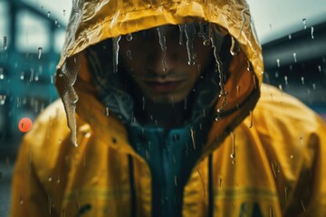 A picture of a man standing in the rain wearing a yellow raincoat. This image can be used to depict weather conditions, outdoor activities, or protection against the rain.