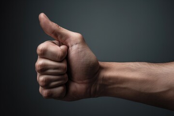 A man's hand with a thumbs up gesture. This image can be used to convey approval, success, positivity, or agreement in various contexts.