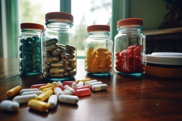 Various colored pills are arranged on a wooden table. This image can be used to depict a variety of concepts related to healthcare, medicine, pharmaceuticals, addiction, or substance abuse.