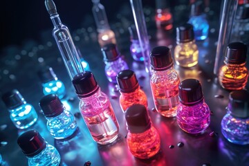A collection of bottles filled with various colored liquids. Versatile image suitable for scientific, artistic, or commercial purposes