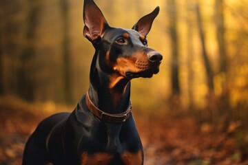 A black and brown dog standing in the woods. Suitable for nature-themed designs and pet-related projects.