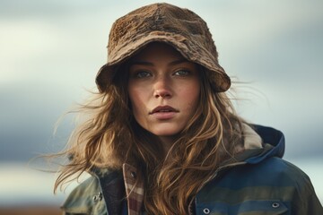 A woman is pictured wearing a hat and a jacket. This versatile image can be used to depict fashion, winter clothing, outdoor activities, or stylish accessories